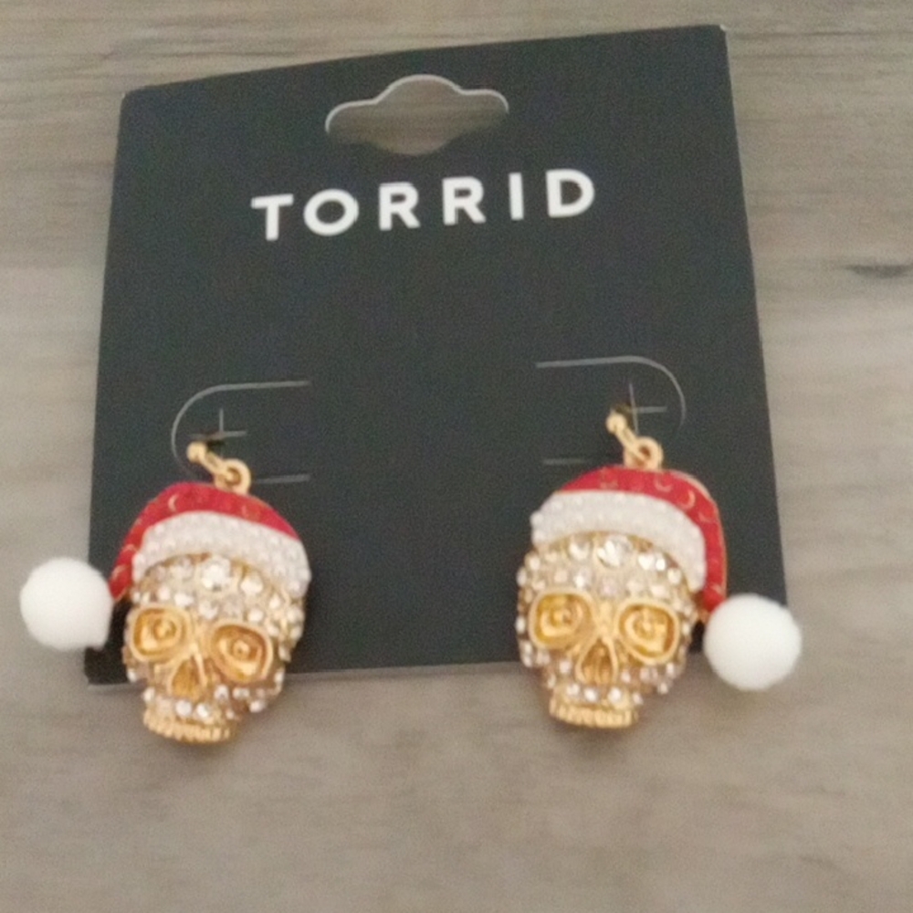 Torrid Festive Gold Skull Earrings with Red Santa Hats